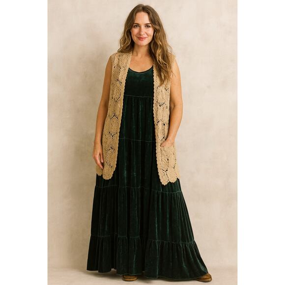 Natural Life Velvet Maxi Dress Size L Green Boho Tiered Tank Holiday Party - Picture 2 of 8